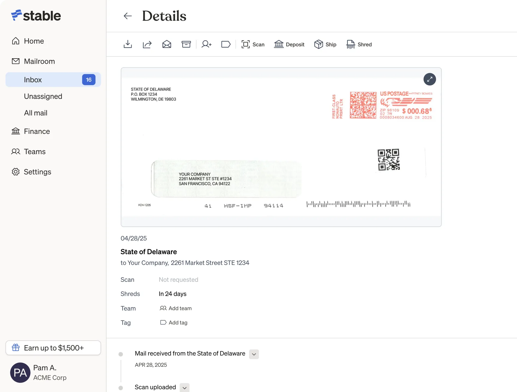 A view of the online mailroom dashboard showing a detail on a scanned piece of mail